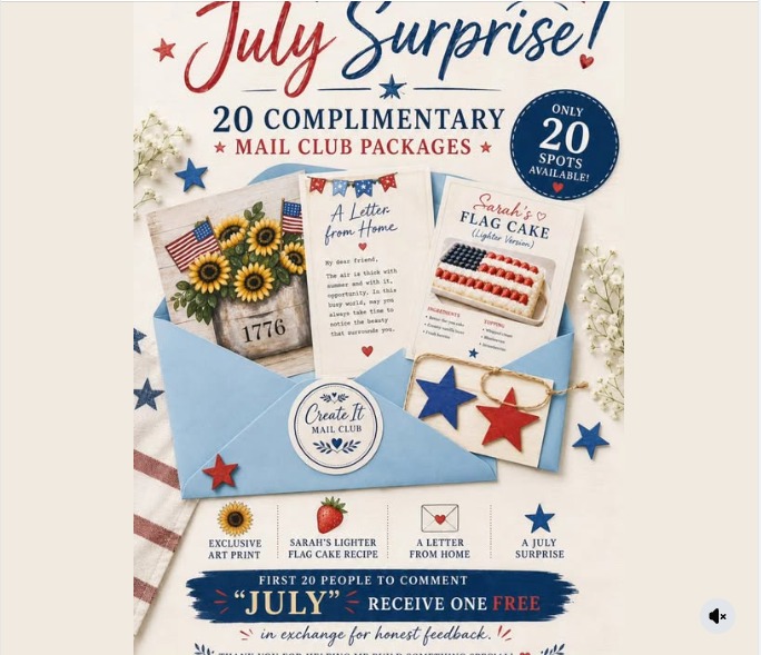July founding edition package featuring patriotic artwork, recipe, letter and surprise